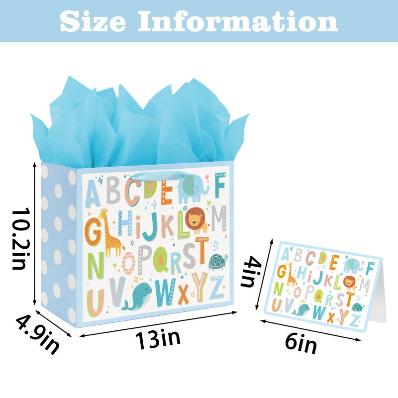 Laidans 13"" Large Baby Boy Gift Bag with Tissue Paper and Greeting Card for Baby Shower Birthday (ABC Alphabet Animal) - Image 2